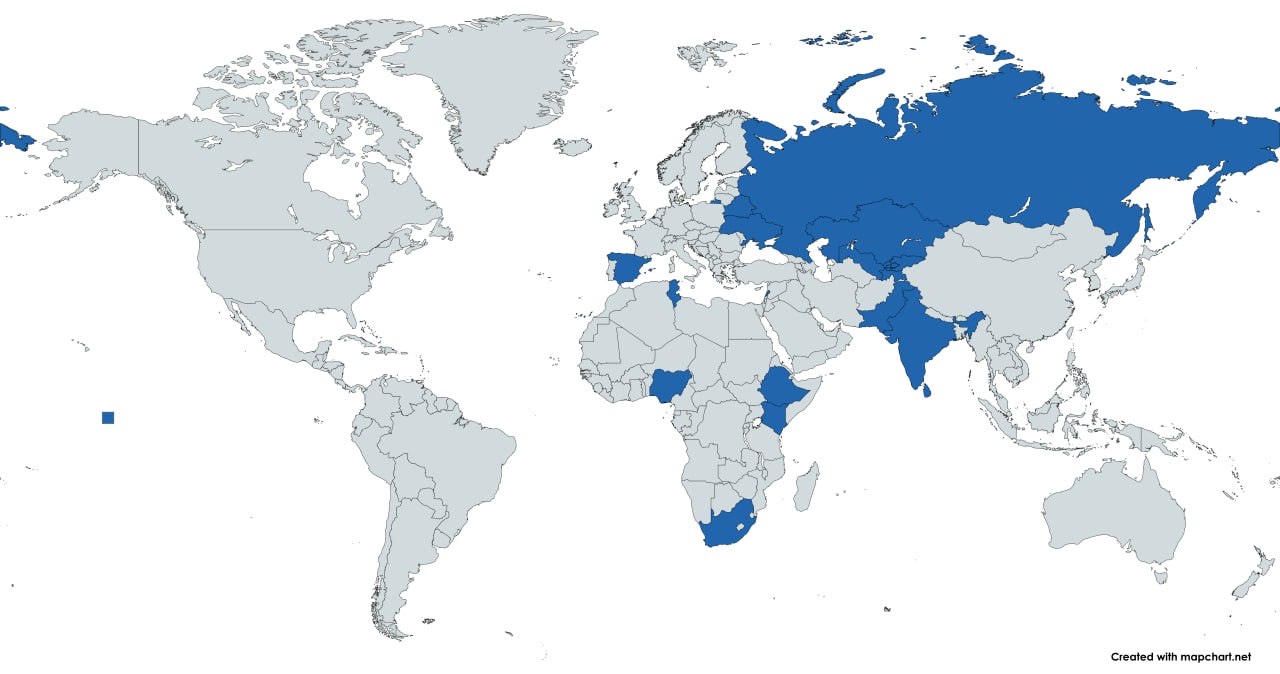 World map highlighting the 18 countries represented in the YUNA Global Youth Program: Ethiopia, Russia, Kazakhstan, Kyrgyzstan, Uzbekistan, Pakistan, Belarus, Ukraine, South Africa, Lebanon, Nigeria, Kenya, Spain, Tunisia, India, Sri Lanka, Tajikistan, and Turkmenistan.